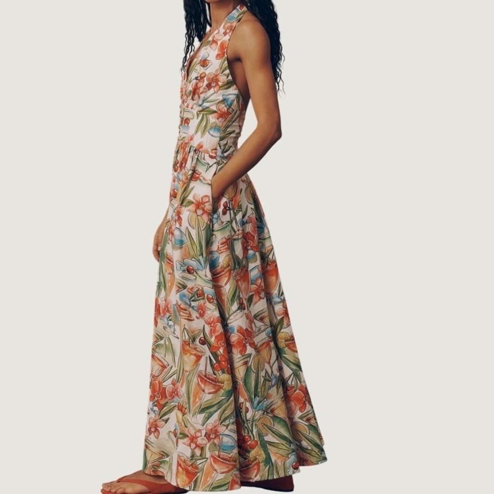Farm Rio Cocktail Off Maxi Dress XL Tropical Floral Linen Blend Halter White - Picture 4 of 9